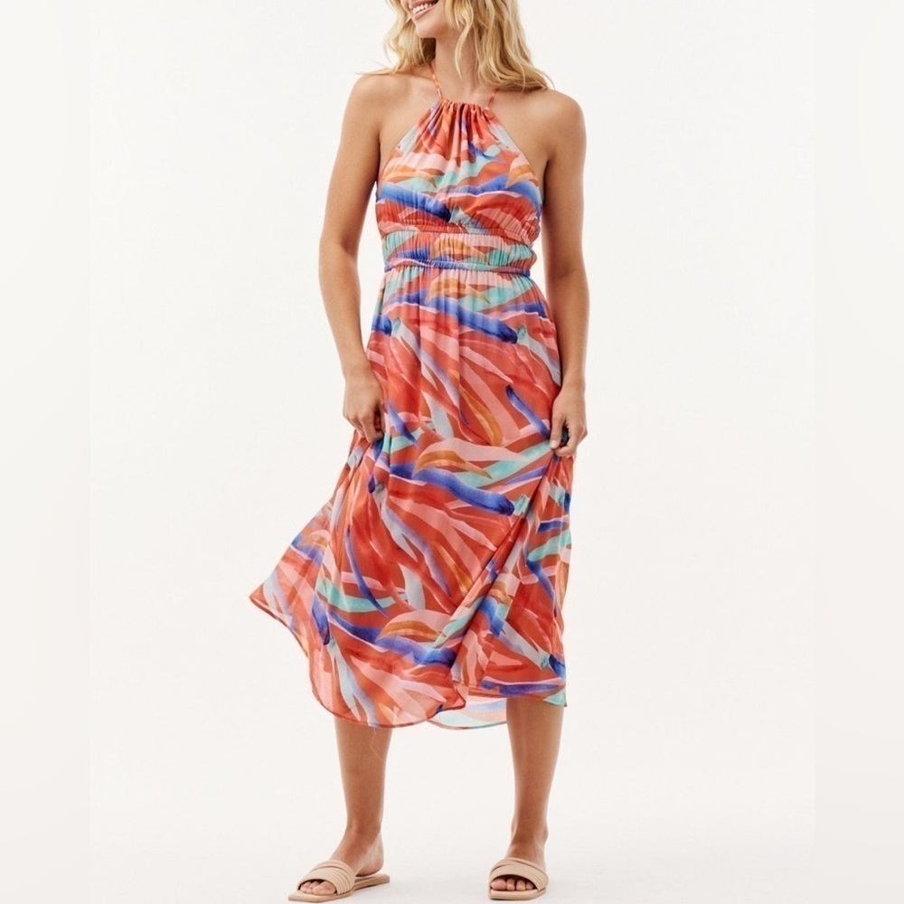 New Cloth & Stone Halter Sleeveless Elastic Waist Dress Colorful Abstract Sz L